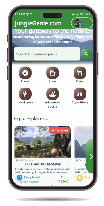 JungleGenie app showing Places, Stays, Tours, Local Treks, Adventure Sports and Expeditions