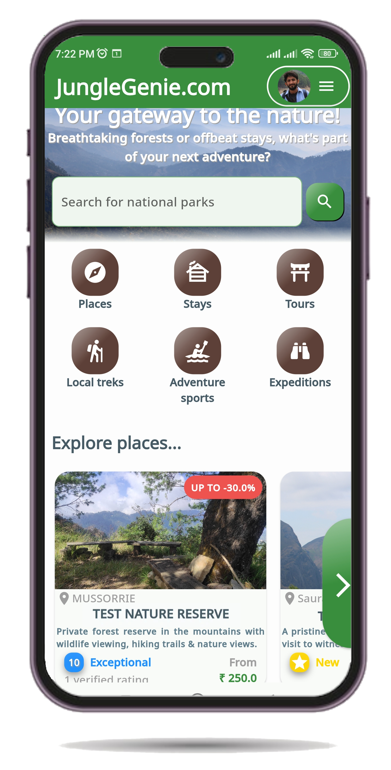 JungleGenie app showing Places, Stays, Tours, Local Treks, Adventure Sports and Expeditions